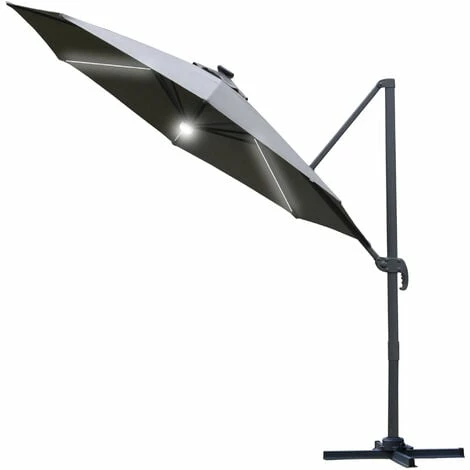 Outsunny 3(m) LED Cantilever Parasol Outdoor With Base Solar Lights Grey 3 Outsunny 3(m) LED Cantilever Parasol Outdoor With Base Solar Lights Grey