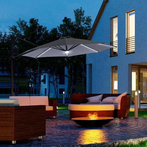Outsunny 3(m) LED Cantilever Parasol Outdoor With Base Solar Lights Grey 5 Outsunny 3(m) LED Cantilever Parasol Outdoor With Base Solar Lights Grey - Image 3