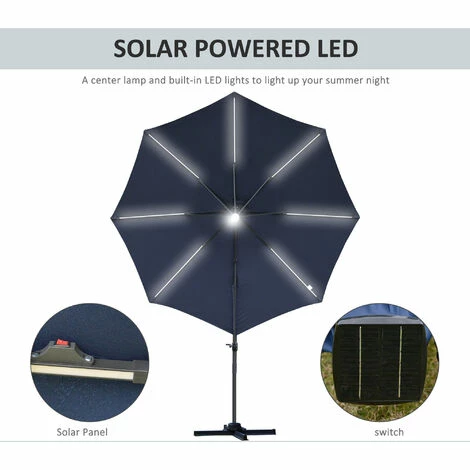 Outsunny 3(m) LED Cantilever Parasol Outdoor with Base Solar Lights Blue Outsunny 3(m) LED Cantilever Parasol Outdoor With Base Solar Lights Blue -Outsunny store 32616608 4
