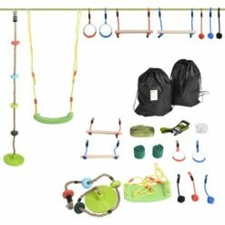 Outsunny Obstacle Course Kids Slackline W/ Rings Bars Fist Swing Climbing Rope