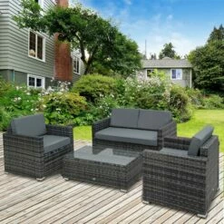 Outsunny 4PC Rattan Sofa Set Outdoor Coffee Table Chair Wicker Garden Grey -Outsunny store 32716656 3