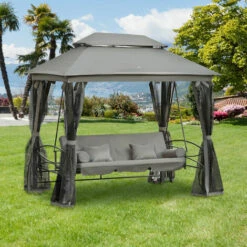 Outsunny 3 Person Canopy Gazebo Swing Outdoor Patio Lounge W/ Mesh Walls, Grey -Outsunny store 32990778 3