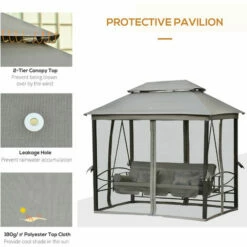 Outsunny 3 Person Canopy Gazebo Swing Outdoor Patio Lounge W/ Mesh Walls, Grey -Outsunny store 32990778 5