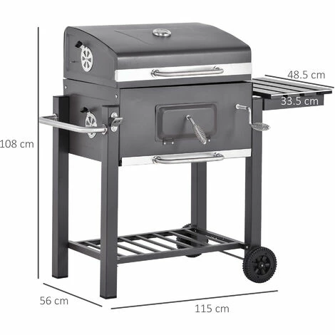Outsunny Charcoal Grill BBQ Trolley Wheels Shelf Side Thermometer Steel Black 4 Outsunny Charcoal Grill BBQ Trolley Wheels Shelf Side Thermometer Steel Black - Image 2