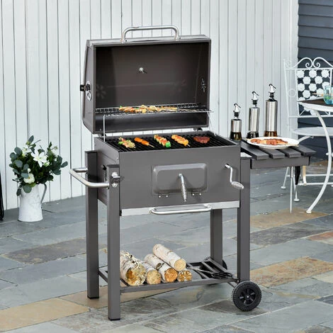 Outsunny Charcoal Grill BBQ Trolley Wheels Shelf Side Thermometer Steel Black 5 Outsunny Charcoal Grill BBQ Trolley Wheels Shelf Side Thermometer Steel Black - Image 3