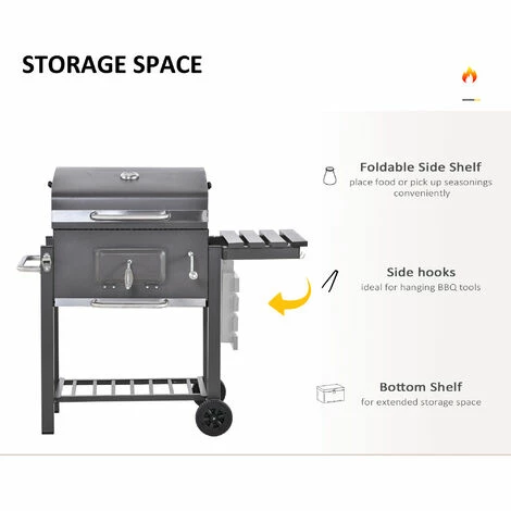 Outsunny Charcoal Grill BBQ Trolley Wheels Shelf Side Thermometer Steel Black 6 Outsunny Charcoal Grill BBQ Trolley Wheels Shelf Side Thermometer Steel Black - Image 4