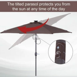 Outsunny Garden Parasol Outdoor Tilt Sun Umbrella LED Light Hand Crank Brown -Outsunny store 3385520 5
