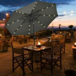 Outsunny Garden Parasol Outdoor Tilt Sun Umbrella LED Light Hand Crank Grey -Outsunny store 33906349 3