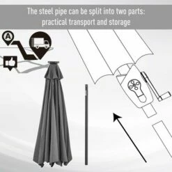 Outsunny Garden Parasol Outdoor Tilt Sun Umbrella LED Light Hand Crank Grey -Outsunny store 33906349 5