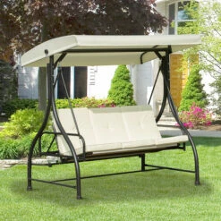 Outsunny 3 Seater Canopy Swing Chair Porch Hammock Bed Rocking Bench Cream White -Outsunny store 3539780 3