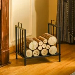 Outsunny Firewood Log Holder Wood Storage Rack W/ Handles Outdoor Indoor, Black -Outsunny store 40901489 3