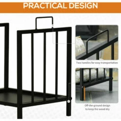 Outsunny Firewood Log Holder Wood Storage Rack W/ Handles Outdoor Indoor, Black -Outsunny store 40901489 5