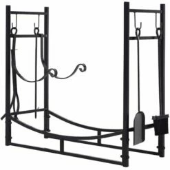 Outsunny Firewood Stand Log Rack Holder 84cm With 4-PC Fireplace Tools Set Black