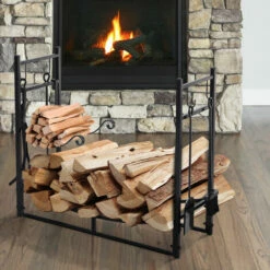 Outsunny Firewood Stand Log Rack Holder 84cm With 4-PC Fireplace Tools Set Black -Outsunny store 42768480 3