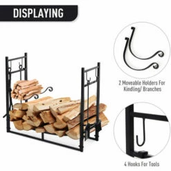 Outsunny Firewood Stand Log Rack Holder 84cm With 4-PC Fireplace Tools Set Black -Outsunny store 42768480 5