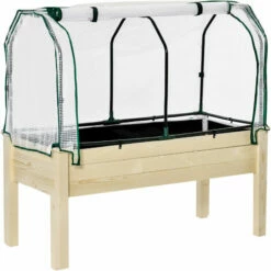 Outsunny Raised Garden Bed W/ PE Cover Patio Elevated Wood Planter Box Natural