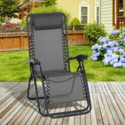 Outsunny Metal Frame Zero Gravity Lounger W/ Head Pillow For Patio Decking Grey -Outsunny store 47843972 3