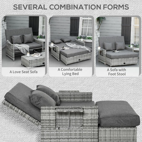 Outsunny Garden Rattan Furniture Set 2 Seater Patio Sun Lounger Daybed Sun Bed Outsunny Garden Rattan Furniture Set 2 Seater Patio Sun Lounger Daybed Sun Bed -Outsunny store 48515554 4