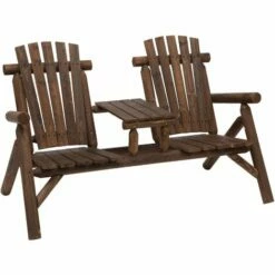 Outsunny Wood Patio Chair Loveseat 2 Seats W/ Center Coffee Table, Carbonized