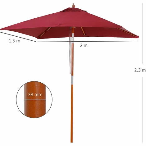 Outsunny Wooden Patio Umbrella Market Parasol Outdoor Sunshade 6 Ribs Wine Red Outsunny Wooden Patio Umbrella Market Parasol Outdoor Sunshade 6 Ribs Wine Red -Outsunny store 49910920 2