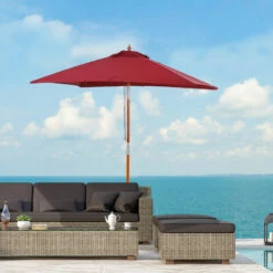 Outsunny Wooden Patio Umbrella Market Parasol Outdoor Sunshade 6 Ribs Wine Red 4 Outsunny Wooden Patio Umbrella Market Parasol Outdoor Sunshade 6 Ribs Wine Red -Outsunny store 49910920 3