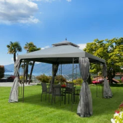 Outsunny 3 X 3(m) Garden Gazebo Double Top Gazebo Canopy W/ Curtains Grey -Outsunny store 50446974 3