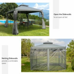 Outsunny 3 X 3(m) Garden Gazebo Double Top Gazebo Canopy W/ Curtains Grey -Outsunny store 50446974 5