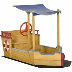 Outsunny Kids Wooden Sand Pit Sandbox Pirate Sandboat Outdoor W/ Canopy Shade
