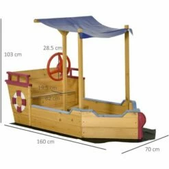 Alternative view of Outsunny Kids Wooden Sand Pit Sandbox Pirate Sandboat Outdoor W/ Canopy Shade