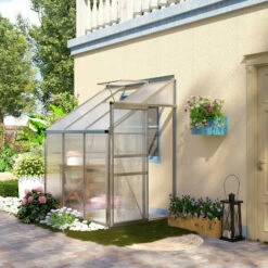 Outsunny 6 X 4ft Lean To Polycarbonate Greenhouse For Outdoor W/ Sliding Door -Outsunny store 50886497 3