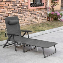 Outsunny Folding Chaise Lounge, Garden Lounger Headrest Cup Holder, Dark Grey 4 Outsunny Folding Chaise Lounge, Garden Lounger Headrest Cup Holder, Dark Grey -Outsunny store 50886512 3