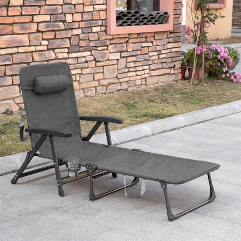 Outsunny Folding Chaise Lounge, Garden Lounger Headrest Cup Holder, Dark Grey Outsunny Folding Chaise Lounge, Garden Lounger Headrest Cup Holder, Dark Grey -Outsunny store 50886512 3