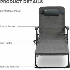 Outsunny Folding Chaise Lounge, Garden Lounger Headrest Cup Holder, Dark Grey 5 Outsunny Folding Chaise Lounge, Garden Lounger Headrest Cup Holder, Dark Grey -Outsunny store 50886512 4
