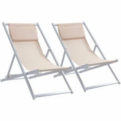 Outsunny 2Pcs Texteline Chaise Lounge Recliner Chair Adjust Lounger Patio Beige