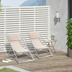 Outsunny 2Pcs Texteline Chaise Lounge Recliner Chair Adjust Lounger Patio Beige -Outsunny store 50886523 3