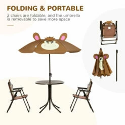 Outsunny Kids Foldable Four-Piece Garden Set W/ Table, Chairs, Umbrella - Brown -Outsunny store 51258920 4