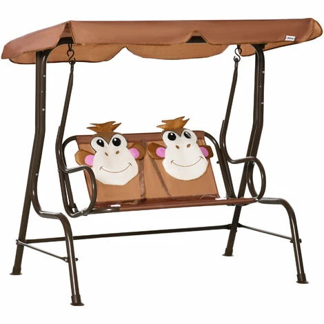 Outsunny Two-Seat Kids Canopy Swing Chair w/ Adjustable Awning, Seatbelt - Brown Outsunny Two-Seat Kids Canopy Swing Chair W/ Adjustable Awning, Seatbelt - Brown -Outsunny store 51258986 1