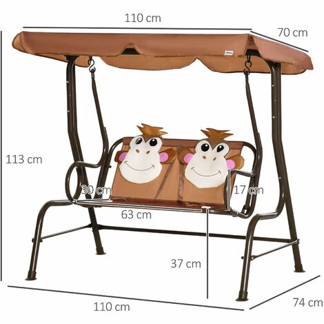Outsunny Two-Seat Kids Canopy Swing Chair w/ Adjustable Awning, Seatbelt - Brown Outsunny Two-Seat Kids Canopy Swing Chair W/ Adjustable Awning, Seatbelt - Brown -Outsunny store 51258986 2