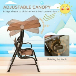 Outsunny Two-Seat Kids Canopy Swing Chair W/ Adjustable Awning, Seatbelt - Brown 6 Outsunny Two-Seat Kids Canopy Swing Chair W/ Adjustable Awning, Seatbelt - Brown -Outsunny store 51258986 5