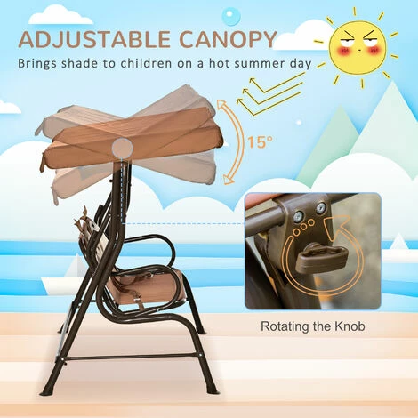 Outsunny Two-Seat Kids Canopy Swing Chair w/ Adjustable Awning, Seatbelt - Brown Outsunny Two-Seat Kids Canopy Swing Chair W/ Adjustable Awning, Seatbelt - Brown -Outsunny store 51258986 5