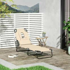 Outsunny Folding Sun Lounger Reclining Chair W/ Pillow Reading Hole Beige 4 Outsunny Folding Sun Lounger Reclining Chair W/ Pillow Reading Hole Beige -Outsunny store 51306197 3