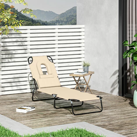 Outsunny Folding Sun Lounger Reclining Chair w/ Pillow Reading Hole Beige Outsunny Folding Sun Lounger Reclining Chair W/ Pillow Reading Hole Beige -Outsunny store 51306197 3