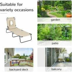 Outsunny Folding Sun Lounger Reclining Chair W/ Pillow Reading Hole Beige 6 Outsunny Folding Sun Lounger Reclining Chair W/ Pillow Reading Hole Beige -Outsunny store 51306197 5