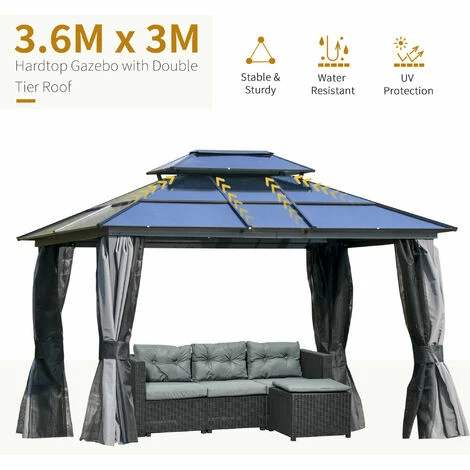 Outsunny 3.6x3(m) Polycarbonate Hardtop Gazebo w/ Double Roof & Aluminium Frame Outsunny 3.6x3(m) Polycarbonate Hardtop Gazebo W/ Double Roof & Aluminium Frame -Outsunny store 51386032 4