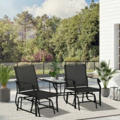 Outsunny Double Glider Companion Rocking Chairs Loveseat Garden Table Black -Outsunny store 51642025 3