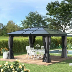Outsunny 4x3.6m Aluminium Hardtop Gazebo Canopy W/ Polycarbonate Top, Curtains -Outsunny store 51642083 3