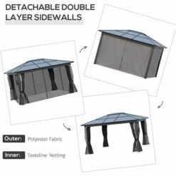 Outsunny 4x3.6m Aluminium Hardtop Gazebo Canopy W/ Polycarbonate Top, Curtains -Outsunny store 51642083 5