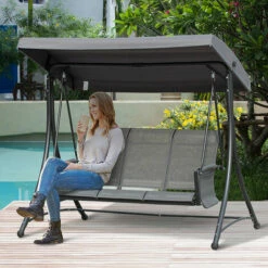 Outsunny 3 Seat Metal Fabric Backyard Balcony Patio Swing Chair W/ Canopy Grey -Outsunny store 52666244 3