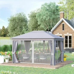 Outsunny 4 X 3(m) Patio Gazebo Garden Shelter W/ Curtains And Netting, Grey -Outsunny store 52735527 3