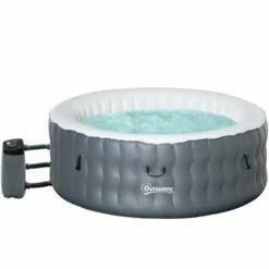Outsunny Round Inflatable Hot Tub Bubble Spa W/ Pump, Cover,4 Person, Light Grey